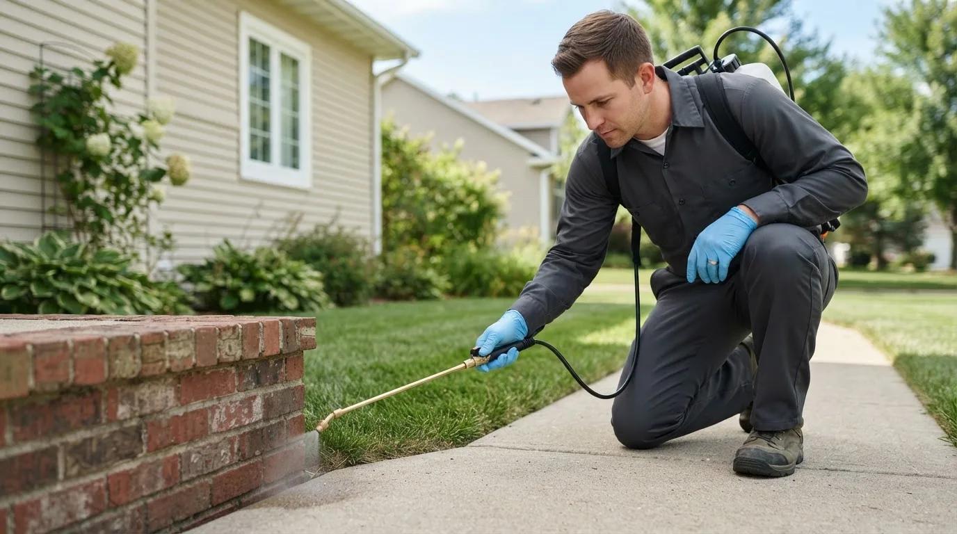 Pest control technician treating a home near New Creek, WV